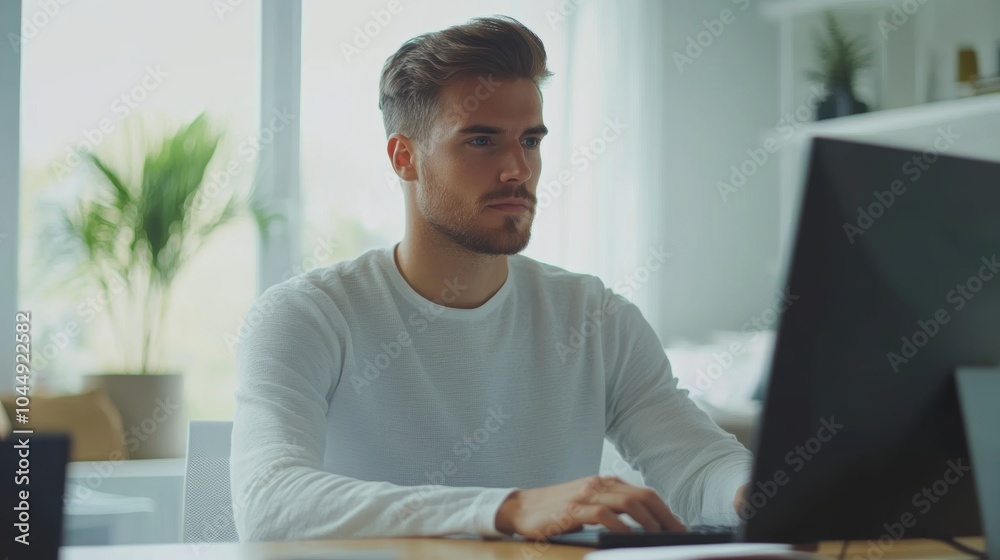 Serious graphic designer focused on computer in a startup office. Minimal background, highlighting creativity and dedication in a business setting, copy space bright living room, blurred backgorund