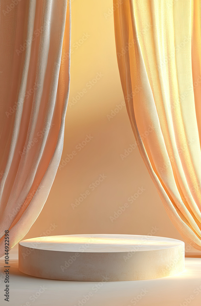 Warm and Soft 3D Rendered Podium with Light Apricot Curtains for a Gentle Appeal Warm and Soft 3D Rendered Podium with Light Apricot Curtains for a Gentle Appeal