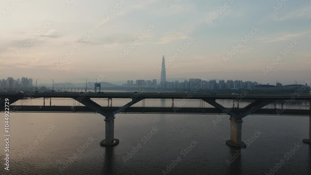 Morning Glow Over Seoul’s Han River - Bridge with Subway and Roadway Scene Morning Glow Over Seoul’s Han River - Bridge with Subway and Roadway Scene