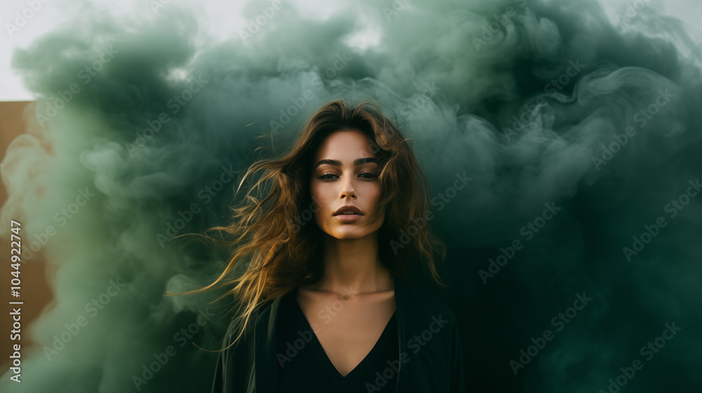 Beautiful girl shrouded in dramatic smoke. Female portrait. Beautiful woman face. Fashion pretty lady. Ethereal color smoke Beautiful girl shrouded in dramatic smoke. Female portrait. Beautiful woman face. Fashion pretty lady. Ethereal color smoke