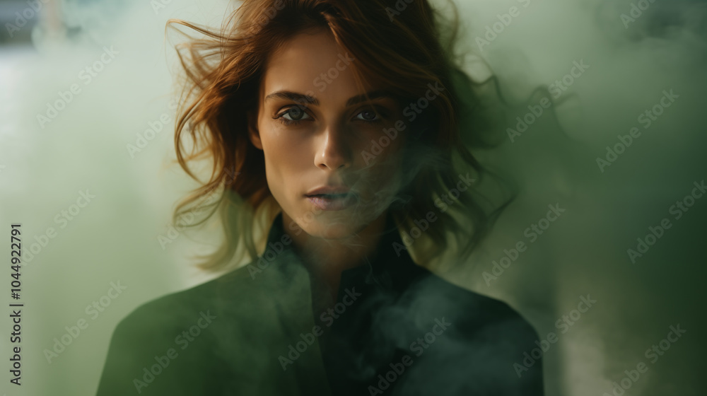 Beautiful girl shrouded in dramatic smoke. Female portrait. Beautiful woman face. Fashion pretty lady. Ethereal color smoke Beautiful girl shrouded in dramatic smoke. Female portrait. Beautiful woman face. Fashion pretty lady. Ethereal color smoke
