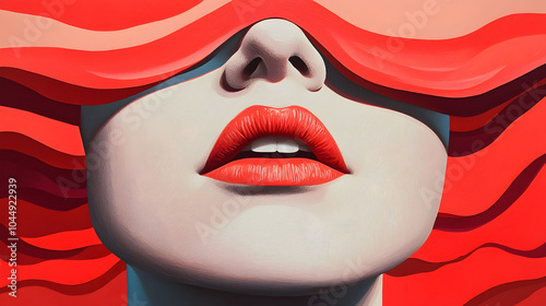 Stylized painting of a woman's face with eyes covered by a wave of red, vibrant red lips, creating a striking and sensual effect, evoking mystery and allure.