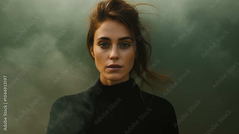 Beautiful girl shrouded in dramatic smoke. Female portrait. Beautiful woman face. Fashion pretty lady. Ethereal color smoke Beautiful girl shrouded in dramatic smoke. Female portrait. Beautiful woman face. Fashion pretty lady. Ethereal color smoke