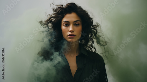 Beautiful girl shrouded in dramatic smoke. Female portrait. Beautiful woman face. Fashion pretty lady. Ethereal color smoke photo