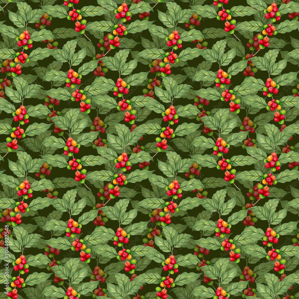 Obraz premium Seamless pattern of coffee branch on green background. Botanical illustration with watercolor and markers. International Coffee Day. Hand drawn. Suitable for textiles, packaging of specialty coffee