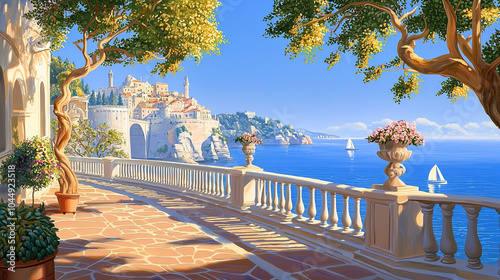 Fototapeta Naklejka Na Ścianę i Meble -  Impressionism painting, landscape of a street in Europe by the seaside