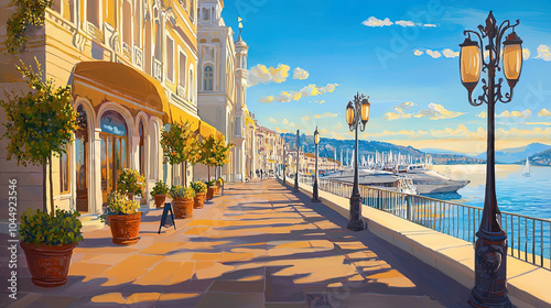 Fototapeta Naklejka Na Ścianę i Meble -  Impressionism painting, landscape of a street in Europe by the seaside