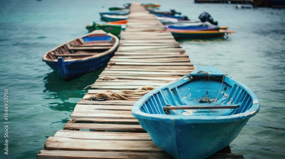 Colorful Boats on Wooden Dock by the Water Colorful Boats on Wooden Dock by the Water