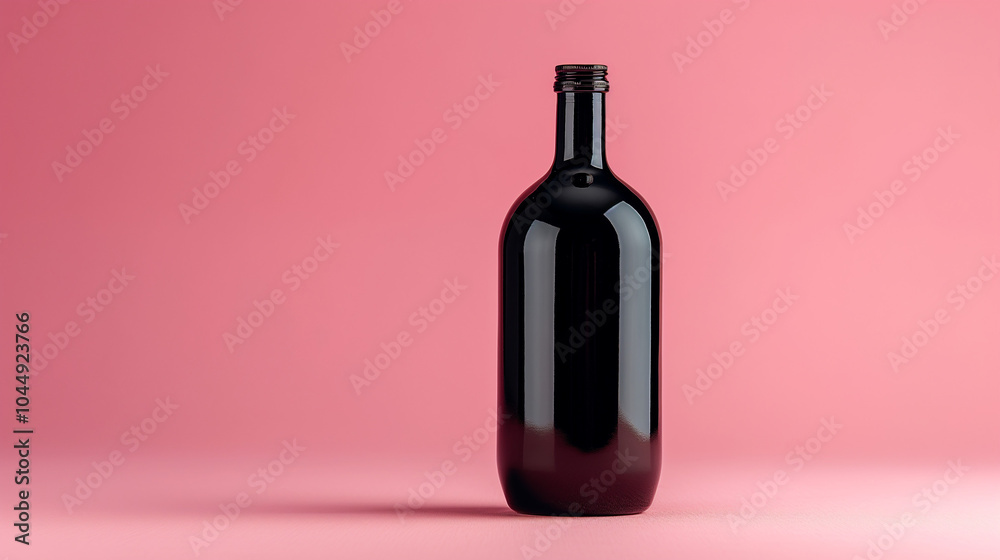 Elegant black wine bottle with room for custom label, isolated on a vibrant pink background. Minimal concept with copy space. Elegant black wine bottle with room for custom label, isolated on a vibrant pink background. Minimal concept with copy space.