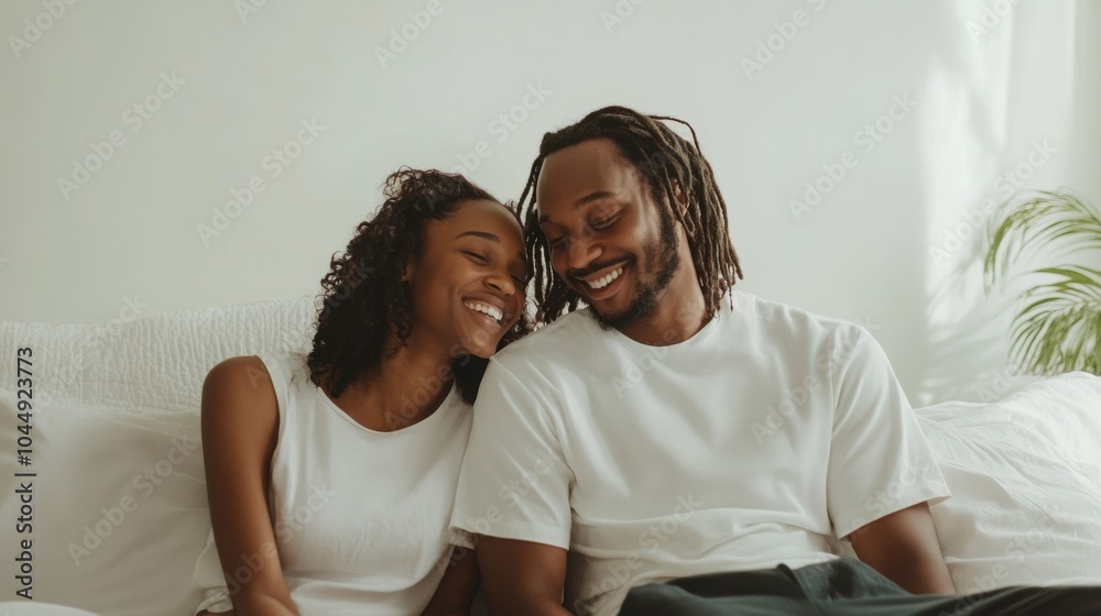 Joyful partners sitting on a bed, smiling at each other, clean and minimalistic composition. Joyful partners sitting on a bed, smiling at each other, clean and minimalistic composition.