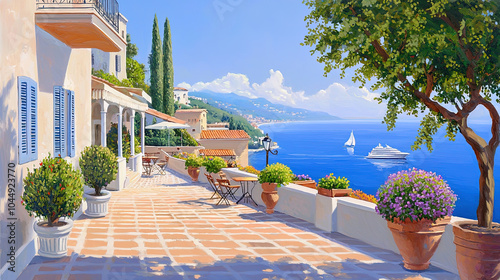 Fototapeta Naklejka Na Ścianę i Meble -  Impressionism painting, landscape of a street in Europe by the seaside