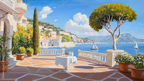 Fototapeta Naklejka Na Ścianę i Meble -  Impressionism painting, landscape of a street in Europe by the seaside