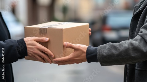 Wallpaper Mural Delivery man handing a package to a customer, close-up of hands exchanging the box. Minimal background, emphasizing the delivery interaction. Torontodigital.ca