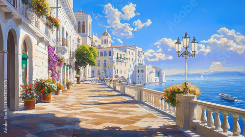 Fototapeta Naklejka Na Ścianę i Meble -  Impressionism painting, landscape of a street in Europe by the seaside