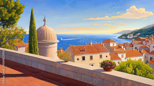 Fototapeta Naklejka Na Ścianę i Meble -  Impressionism painting, landscape of a street in Europe by the seaside