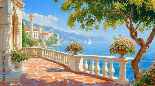 Fototapeta Naklejka Na Ścianę i Meble -  Impressionism painting, landscape of a street in Europe by the seaside