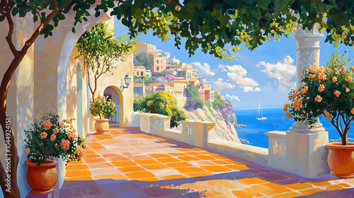 Fototapeta Naklejka Na Ścianę i Meble -  Impressionism painting, landscape of a street in Europe by the seaside