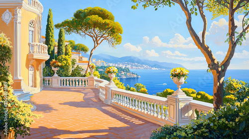 Fototapeta Naklejka Na Ścianę i Meble -  Impressionism painting, landscape of a street in Europe by the seaside