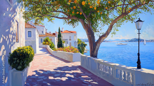 Fototapeta Naklejka Na Ścianę i Meble -  Impressionism painting, landscape of a street in Europe by the seaside