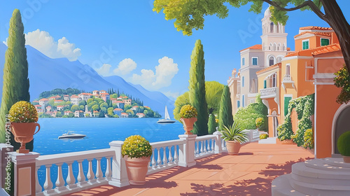 Fototapeta Naklejka Na Ścianę i Meble -  Impressionism painting, landscape of a street in Europe by the seaside