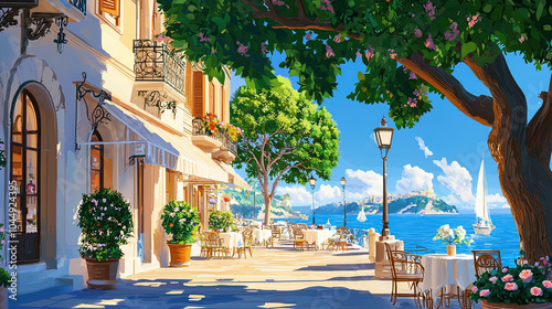 Fototapeta Naklejka Na Ścianę i Meble -  Impressionism painting, landscape of a street in Europe by the seaside