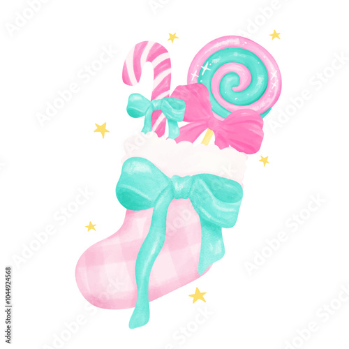 Wallpaper Mural Preppy Coquette Christmas stocking with candy cane Pastel pink and mint green watercolor hand painting Torontodigital.ca