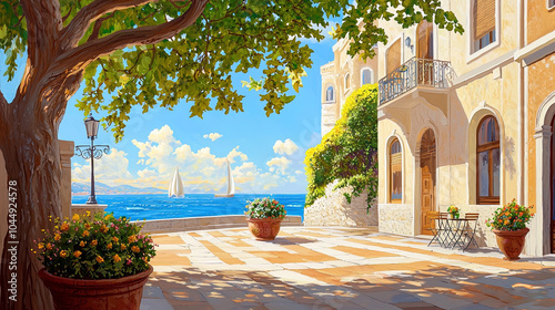 Fototapeta Naklejka Na Ścianę i Meble -  Impressionism painting, landscape of a street in Europe by the seaside