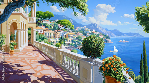 Fototapeta Naklejka Na Ścianę i Meble -  Impressionism painting, landscape of a street in Europe by the seaside