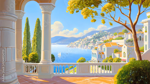 Fototapeta Naklejka Na Ścianę i Meble -  Impressionism painting, landscape of a street in Europe by the seaside