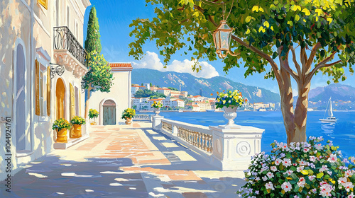 Fototapeta Naklejka Na Ścianę i Meble -  Impressionism painting, landscape of a street in Europe by the seaside