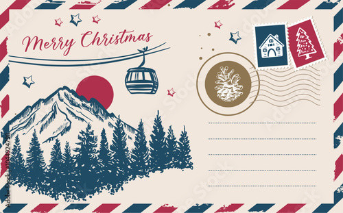 Christmas mail with mountains, postcard, hand drawn illustration.	
