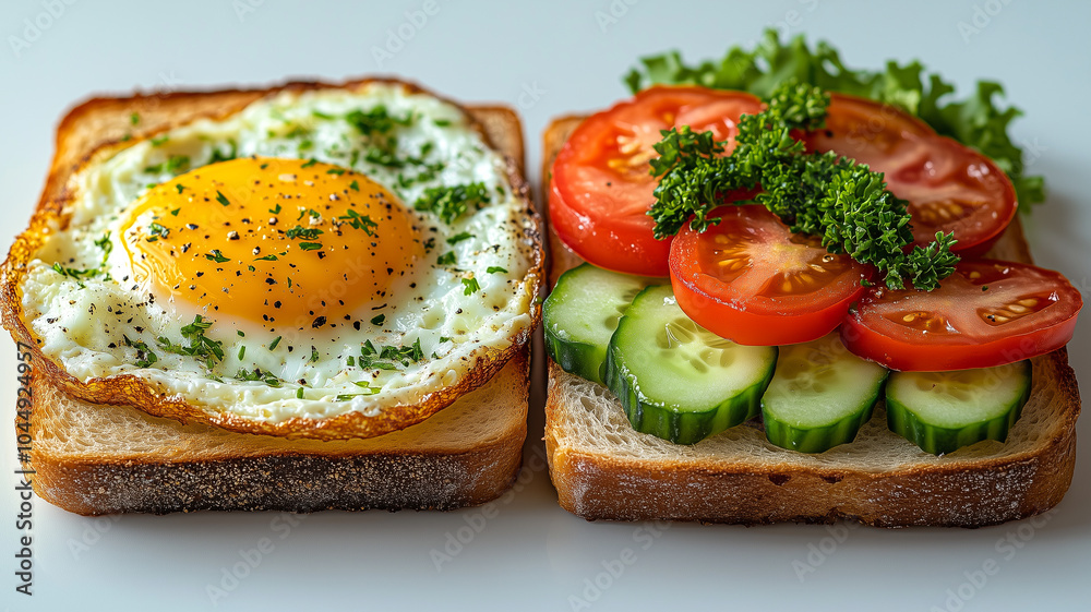 Tempting Bread Split into Two: One Half with Golden Omelet and the Other with Fresh Veggie Toppings.. Tempting Bread Split into Two: One Half with Golden Omelet and the Other with Fresh Veggie Toppings..