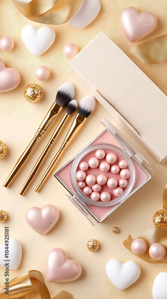 Beautiful Valentine's Day gift box featuring glam makeup tools and shimmering blush on a charming straw backdrop Beautiful Valentine's Day gift box featuring glam makeup tools and shimmering blush on a charming straw backdrop