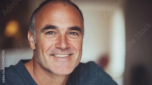 Close-up of a smiling mature man posing for a photograph, blurred background. Minimalistic image focusing on his expression.