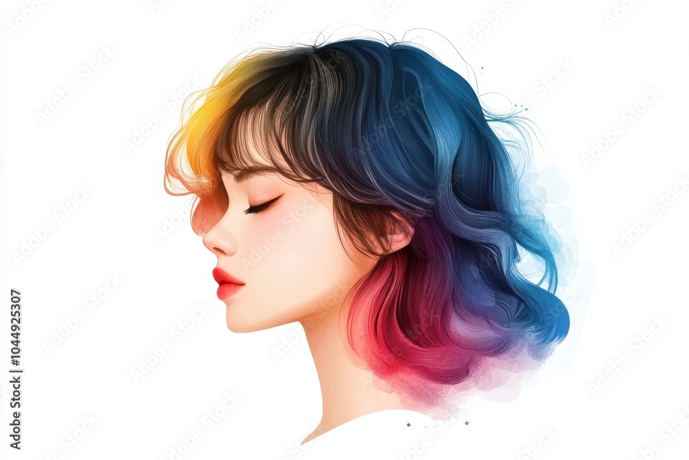 A stylish woman with vibrant, colorful hair, depicted in a modern illustration, showcasing beauty and artistic expression. A stylish woman with vibrant, colorful hair, depicted in a modern illustration, showcasing beauty and artistic expression.