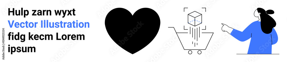Text, heart shape, shopping cart, cube, and person pointing. Ideal for online shopping, customer engagement, digital marketing, e-commerce, and creative advertisement visuals. Banner for landing page Text, heart shape, shopping cart, cube, and person pointing. Ideal for online shopping, customer engagement, digital marketing, e-commerce, and creative advertisement visuals. Banner for landing page