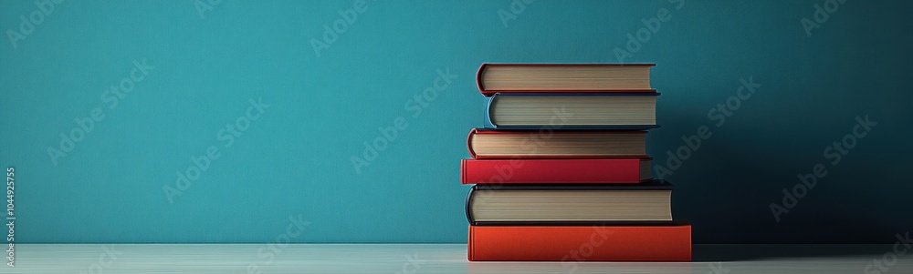 Many books stacked on top of each other on a table Many books stacked on top of each other on a table