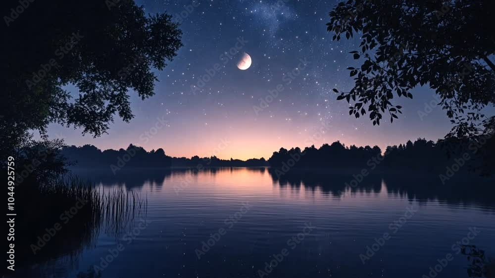 Crescent moon illuminating calm lake under starry night sky. Serenity and reflection concept Crescent moon illuminating calm lake under starry night sky. Serenity and reflection concept