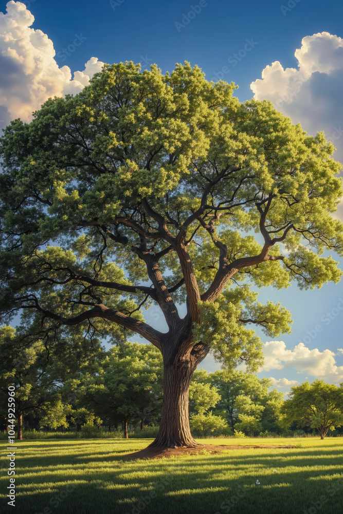 Fototapeta premium A large tree in the middle of a grassy field under a cloudy sky