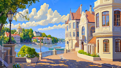 Fototapeta Naklejka Na Ścianę i Meble -  Impressionism painting, landscape of a street in Europe by the seaside