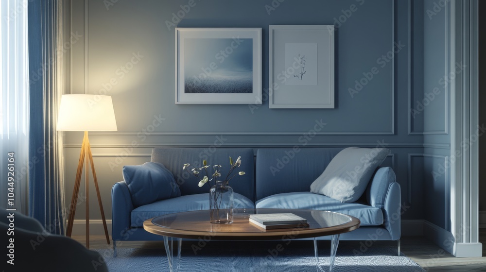 A cozy living room with a blue sofa, a glass-topped wooden table, and a white floor lamp. A cozy living room with a blue sofa, a glass-topped wooden table, and a white floor lamp.