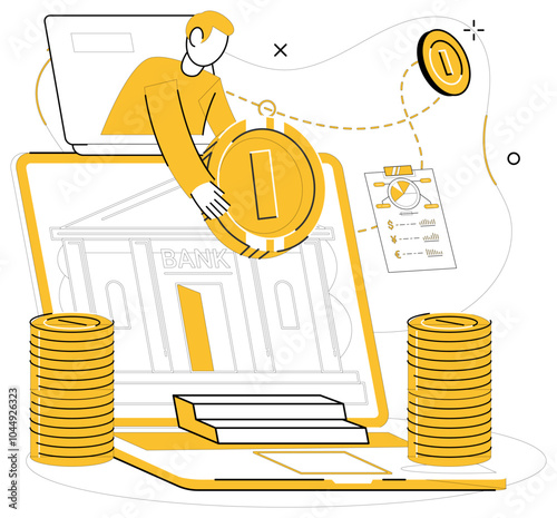 Online banking. A person is seen interacting with a laptop displaying a bank, making digital transactions using coins. Ideal for finance, technology, money management, digital transactions, online