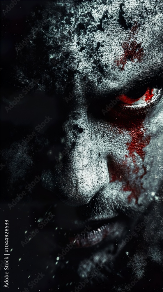Close-up Portrait of a Grungy, Blood-Stained Face with Red Eyes Close-up Portrait of a Grungy, Blood-Stained Face with Red Eyes