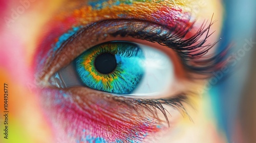 Close-up of a vibrant, multi-colored eye with vivid details and striking textures.