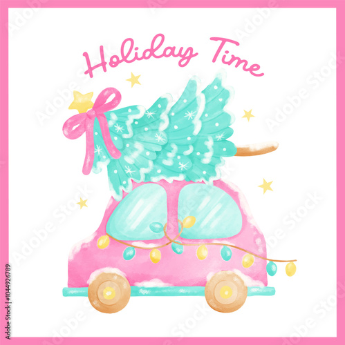 Preppy Coquette Christmas Tree on hot pink Holiday Car watercolor hand painting in Pastel Pink and Mint green color