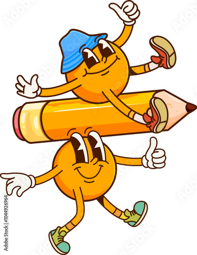 Canvas Print Cartoon math division symbol groovy characters engaging in fitness sport activity atop a large pencil