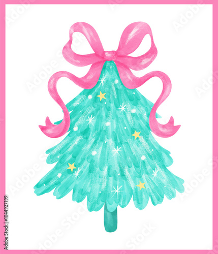 Preppy Christmas Tree with hot pink ribbon bow watercolor hand painting in Pastel Pink and Mint green color