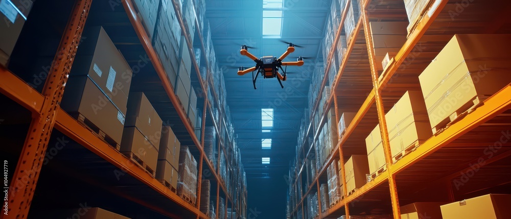 Obraz premium A drone hovers in a large warehouse, surrounded by tall shelves filled with cardboard boxes, illuminated by light streaming from above.