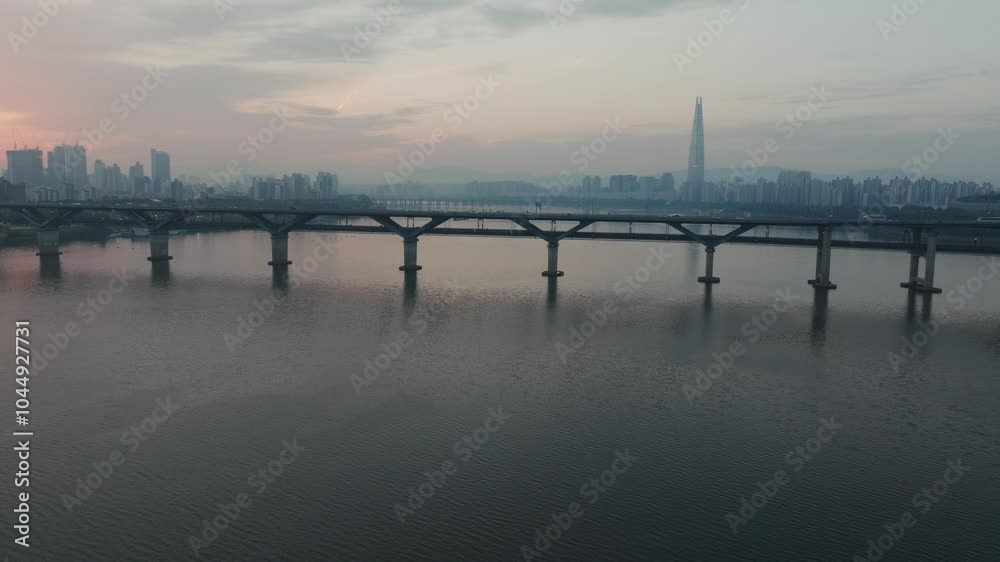 Morning Glow Over Seoul’s Han River - Bridge with Subway and Roadway Scene Morning Glow Over Seoul’s Han River - Bridge with Subway and Roadway Scene