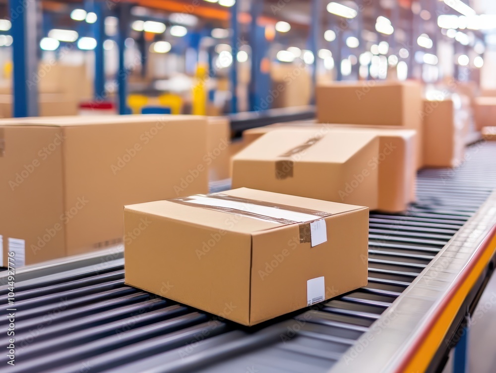 A conveyor belt with cardboard boxes in a warehouse setting, illustrating package sorting and logistics in a busy distribution environment. A conveyor belt with cardboard boxes in a warehouse setting, illustrating package sorting and logistics in a busy distribution environment.